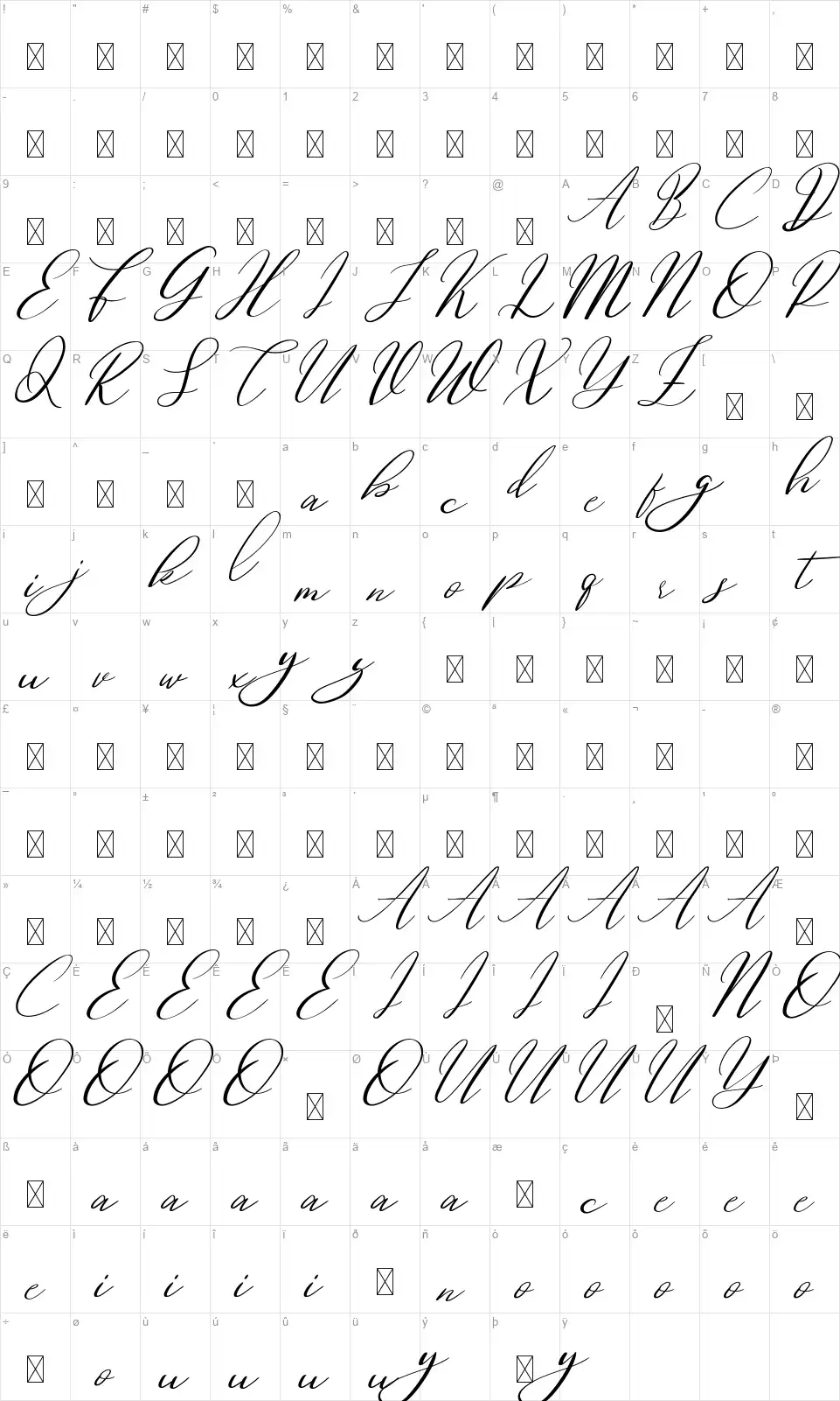 Dovetailfont character map