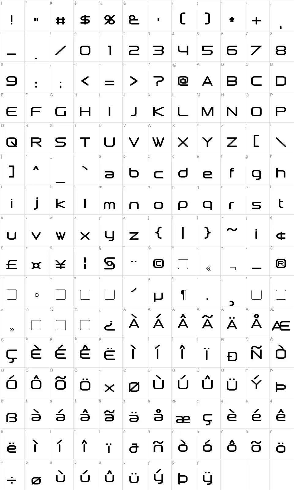Downlinkfont character map