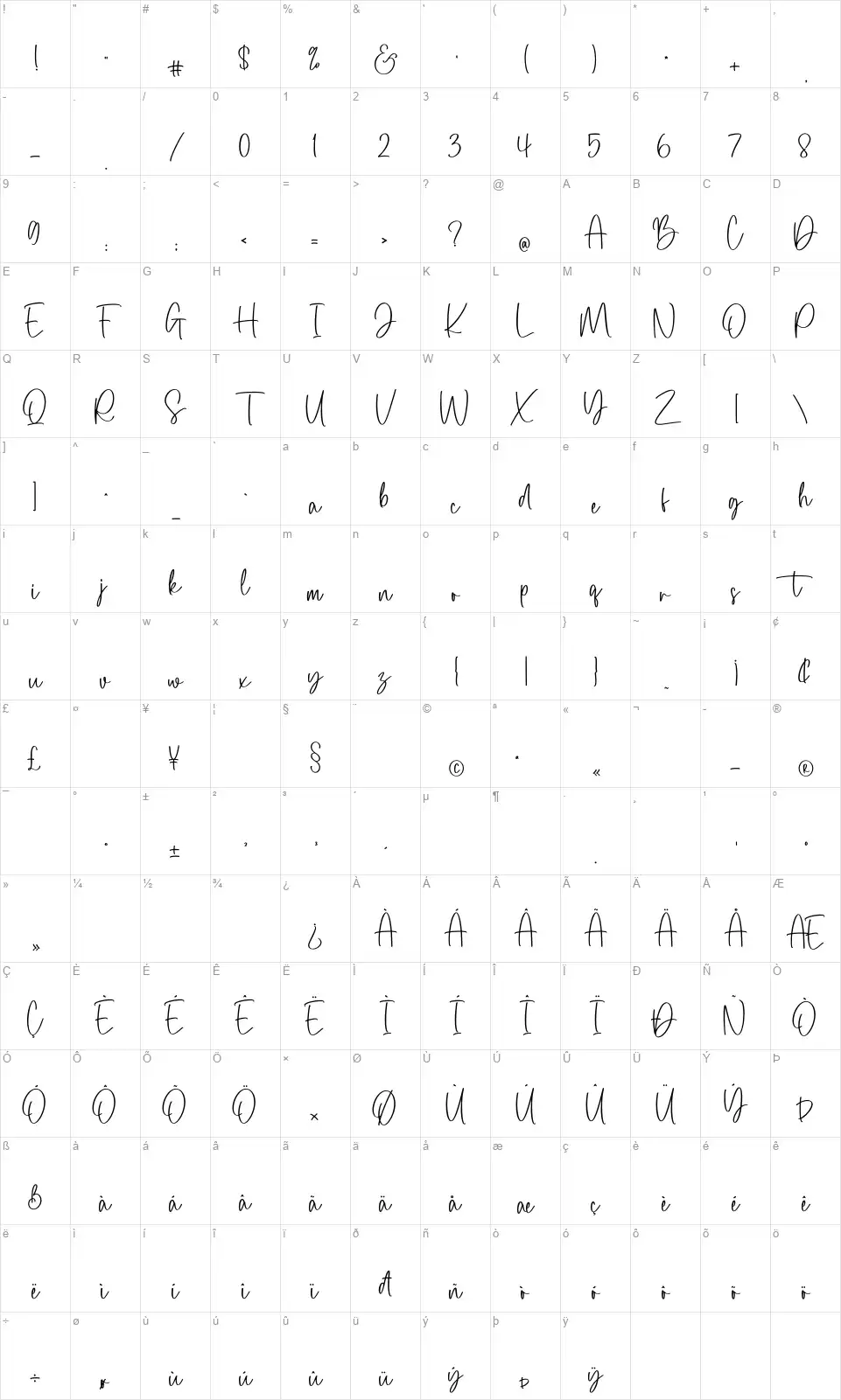 Dream Collectionfont character map