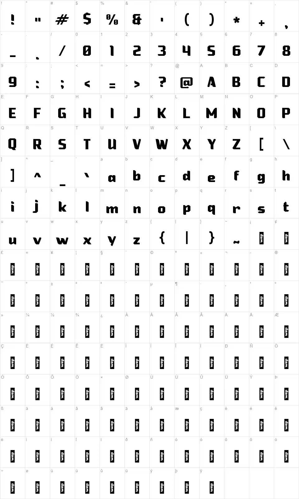 e Electro Boxfont character map