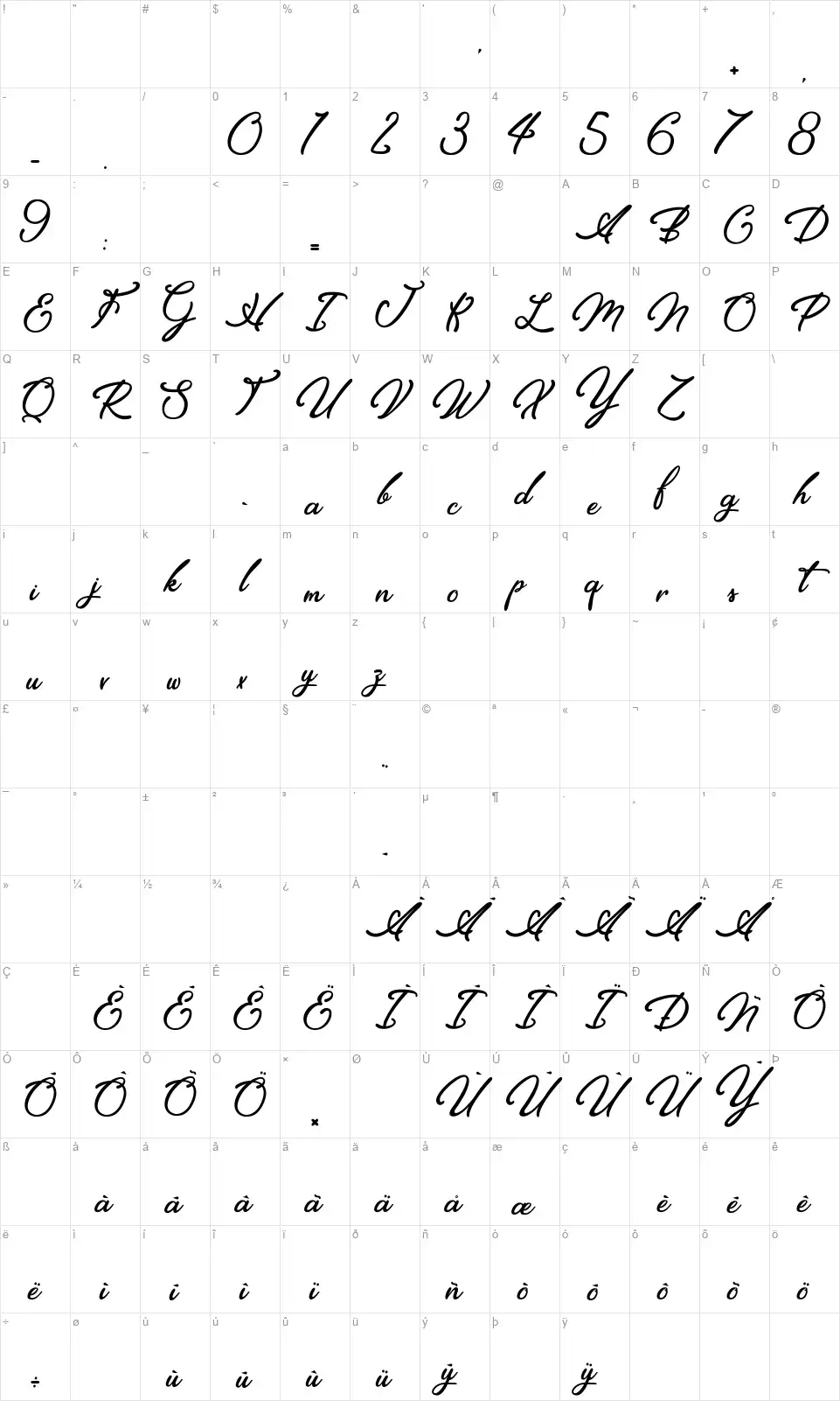Elegancia Romanticafont character map