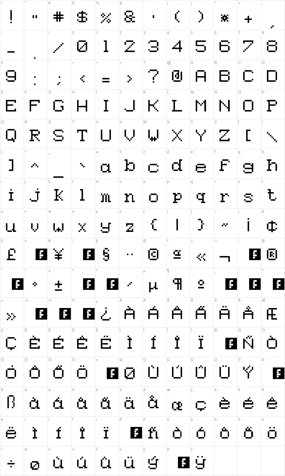 Epson Pixeledfont character map