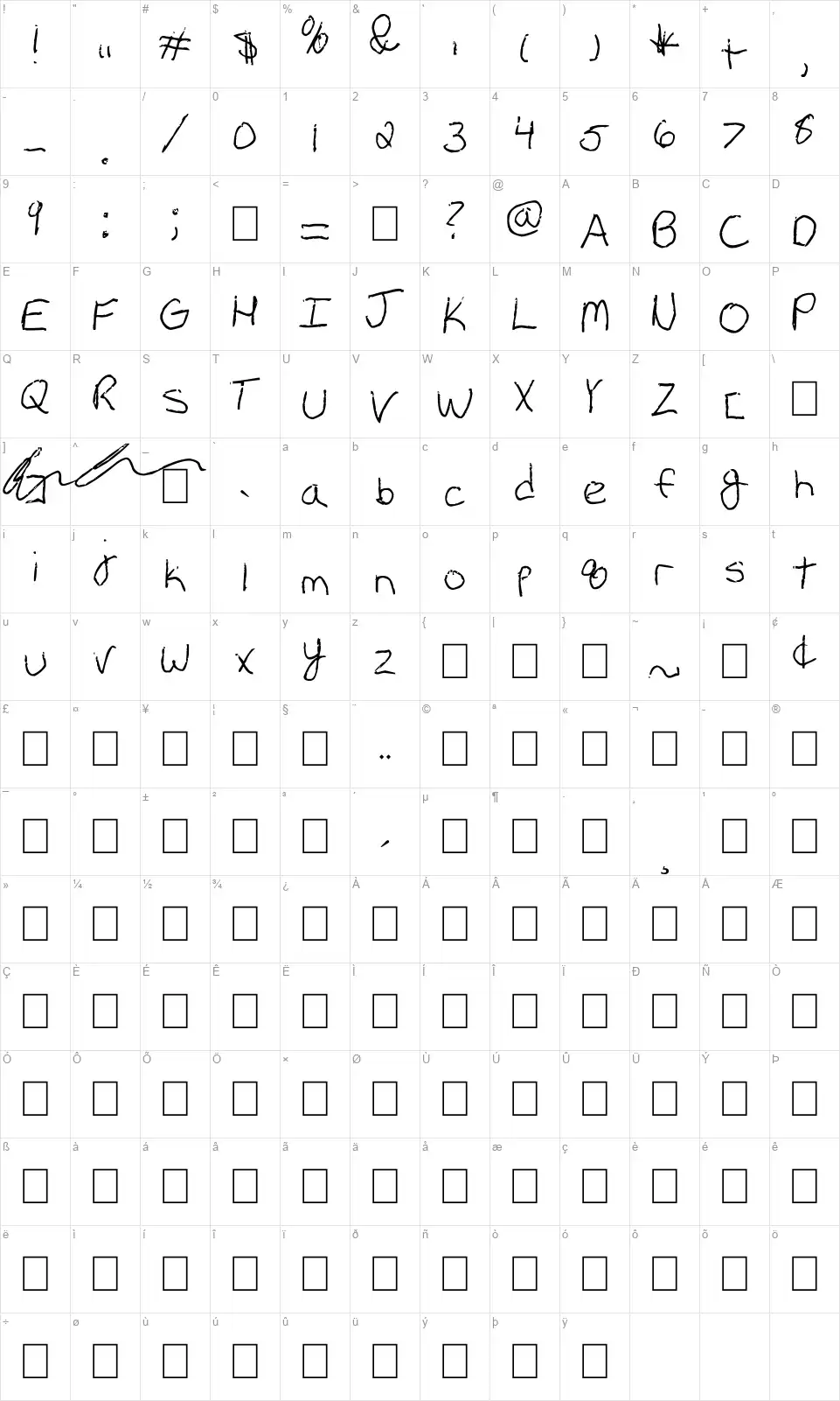 Erin's Handwritingfont character map