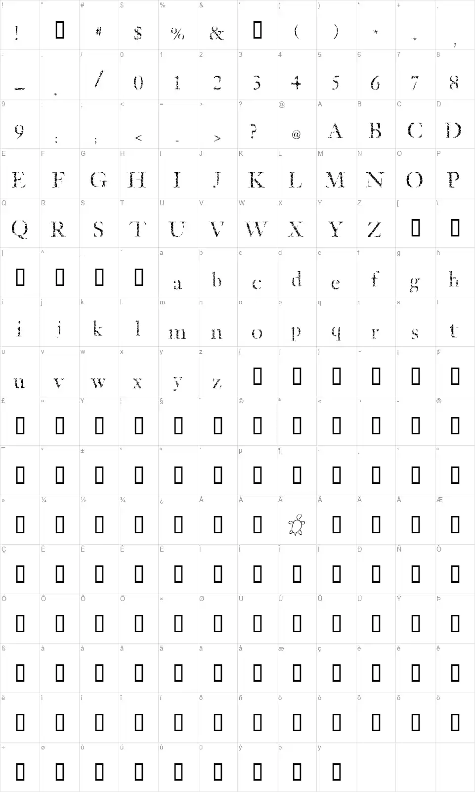 Etchedfont character map