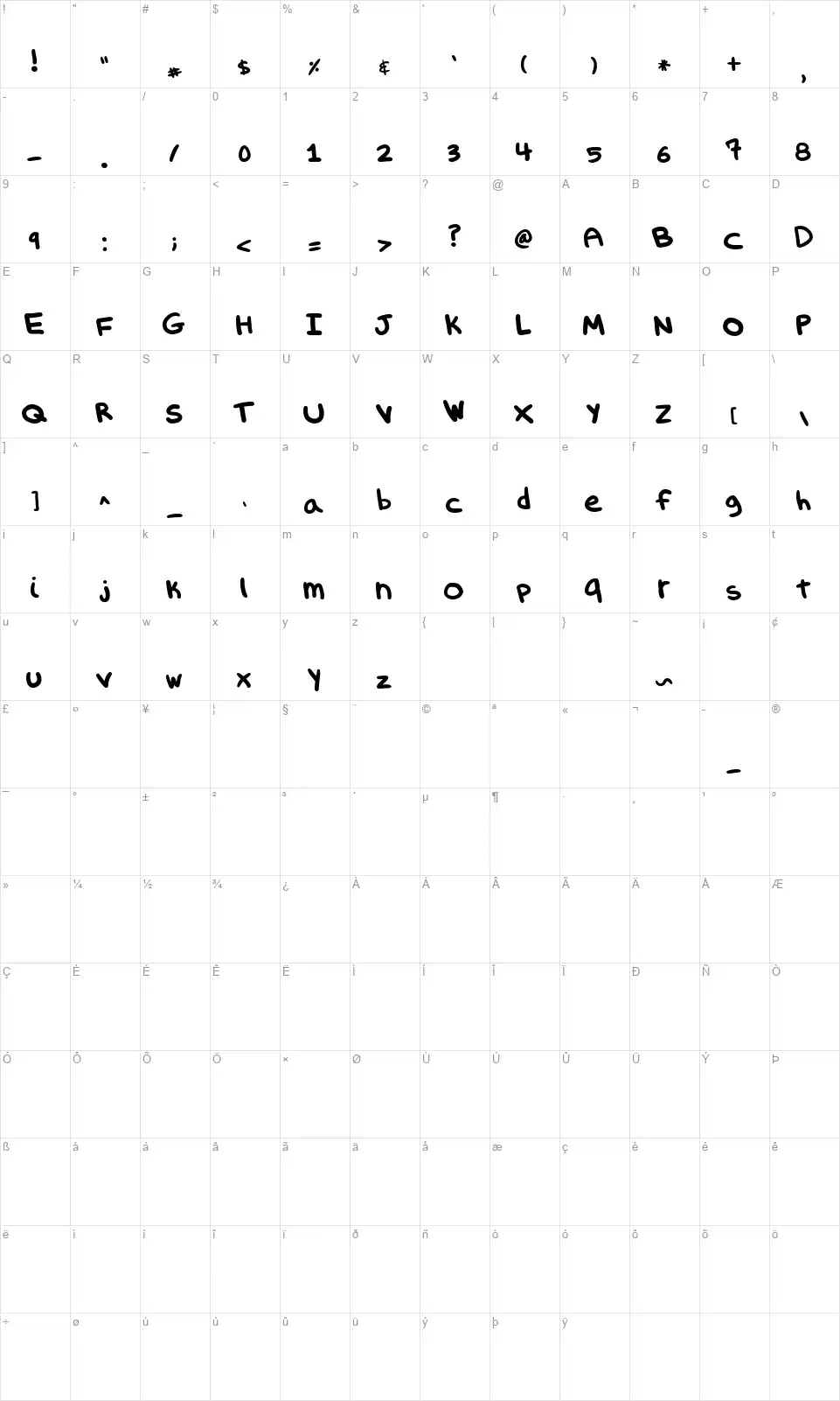 Evil Spork Girlfont character map