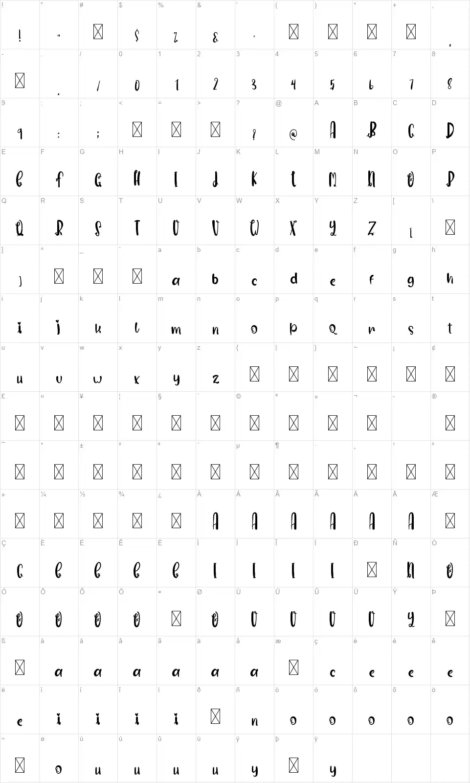 Excites Squirrellfont character map