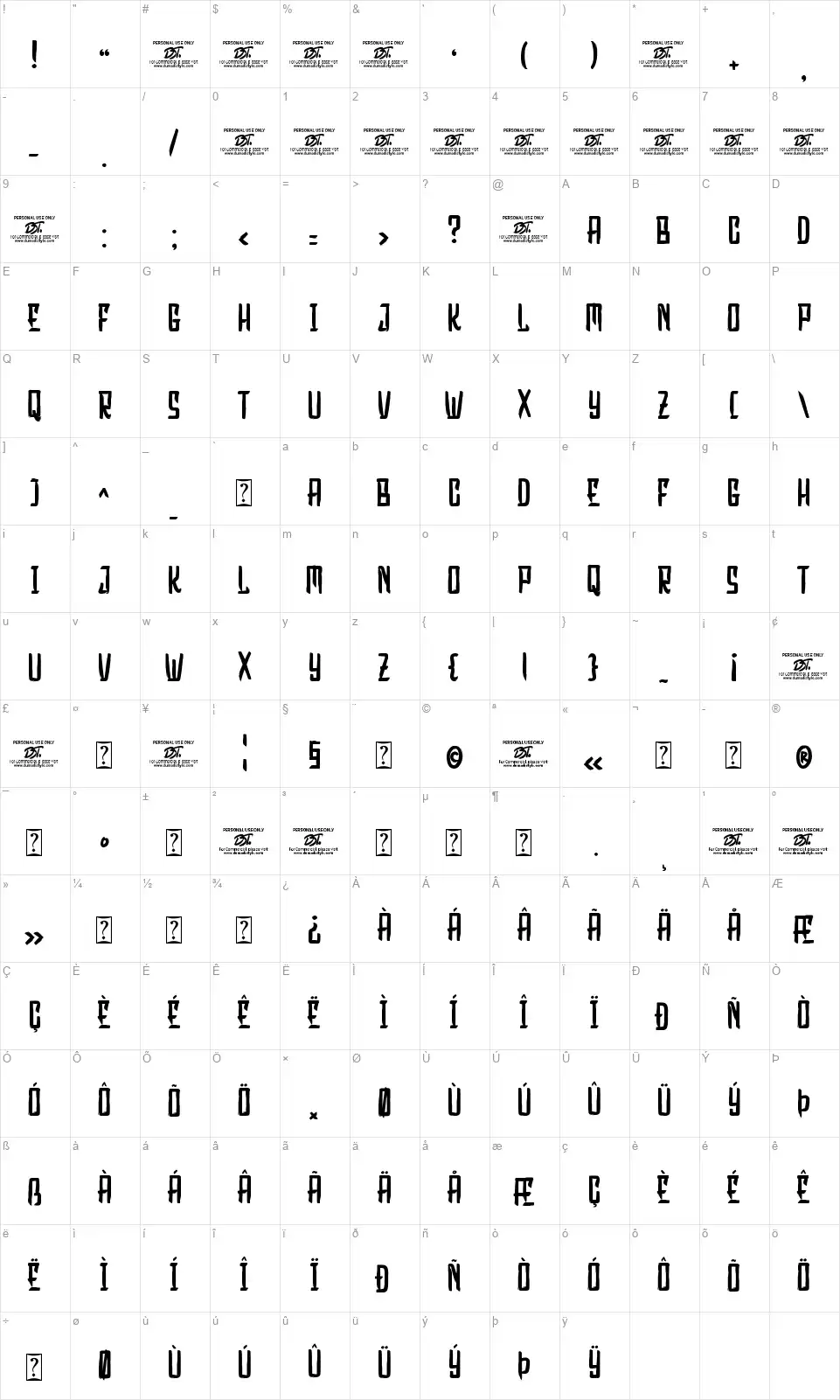 Exercisefont character map