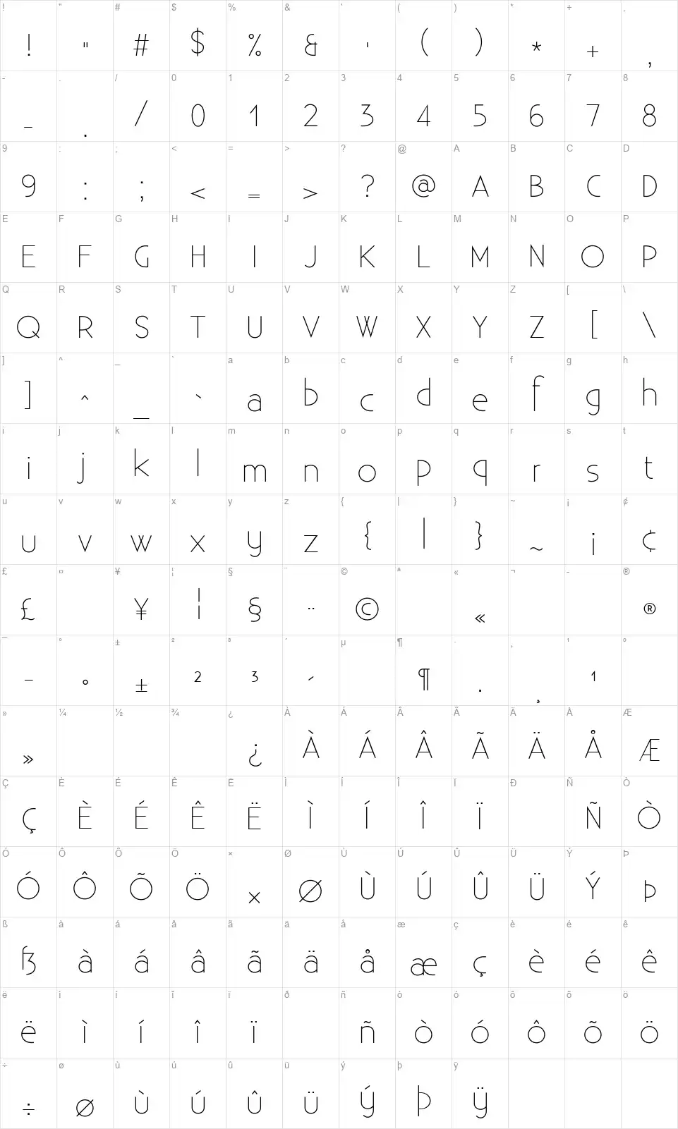 Existence Lightfont character map