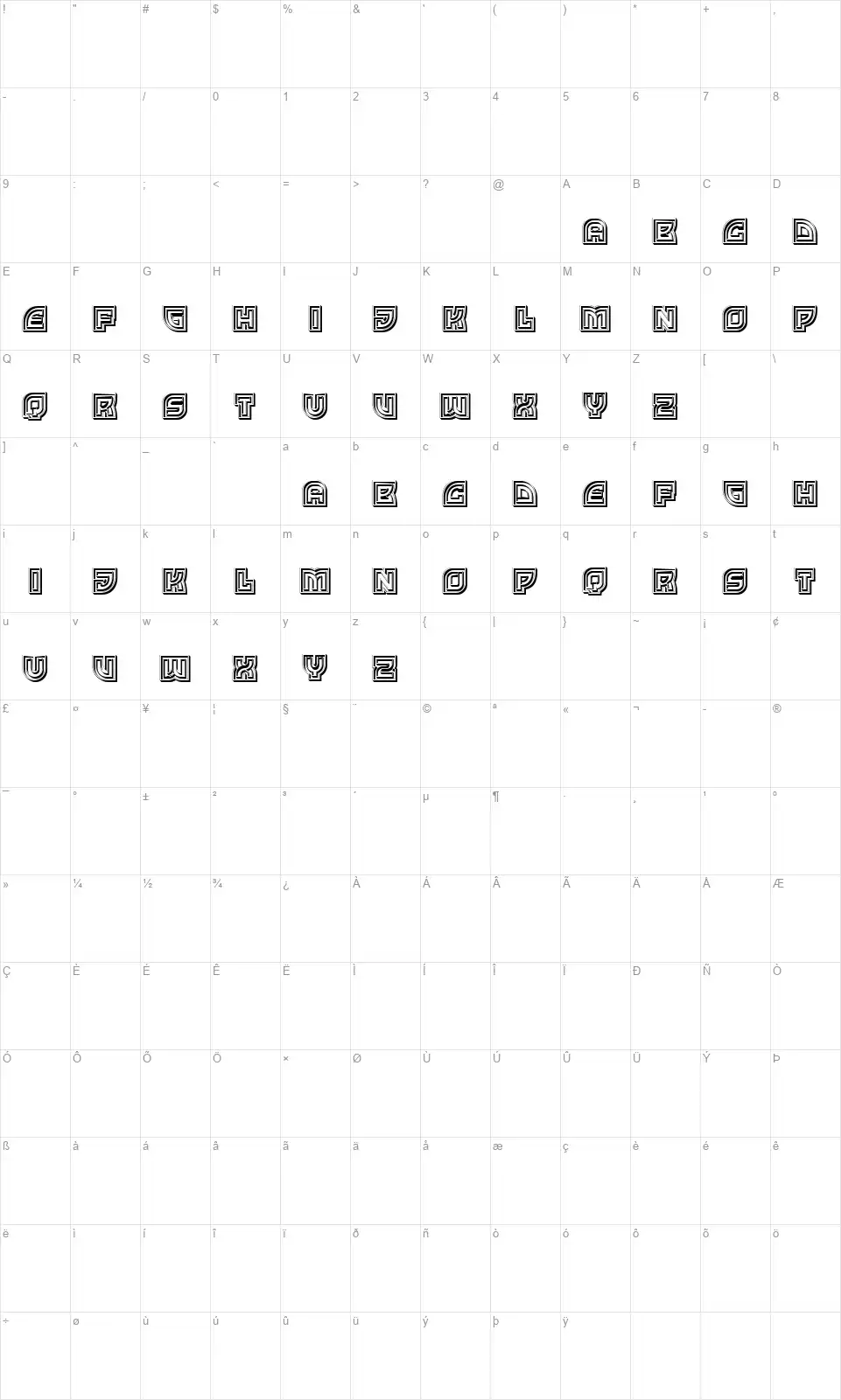 Exteriorfont character map
