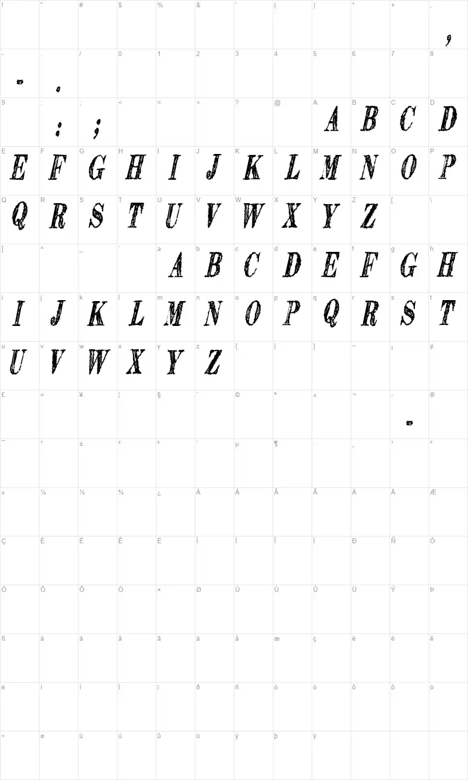 Extranger Sol TFBfont character map