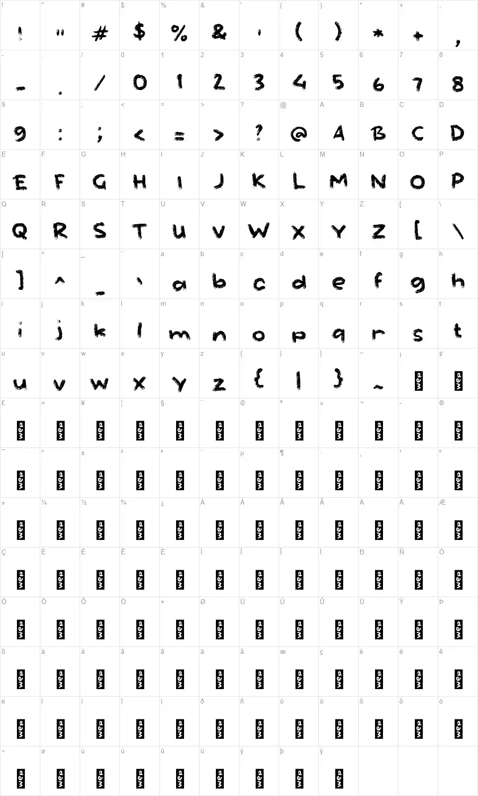 f Frozerosfont character map
