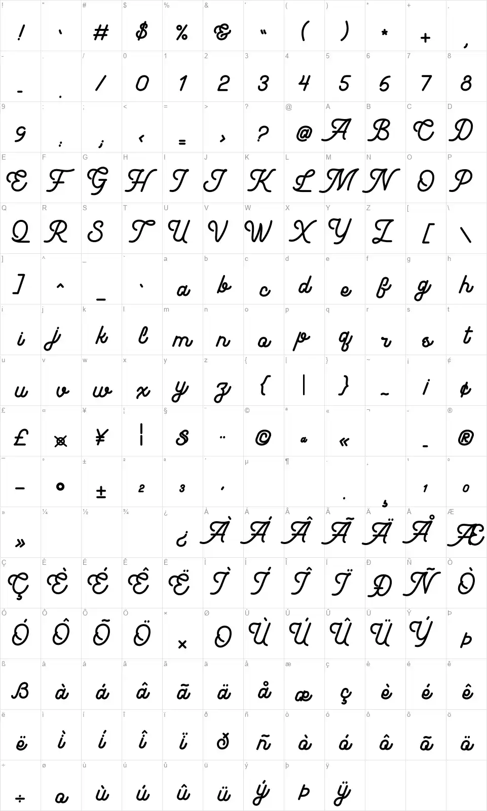 Fireclayfont character map