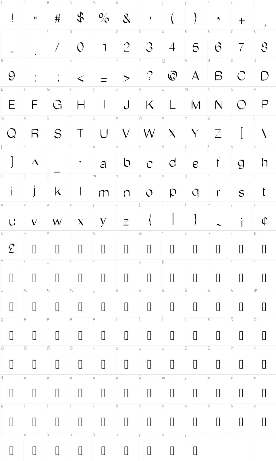 Flatstockfont character map
