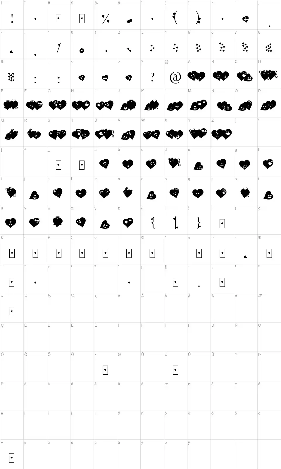 Fluffy Hearts Dingfont character map
