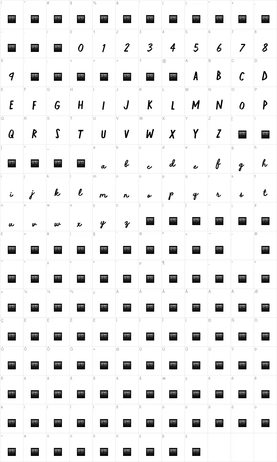 Fluid Motionfont character map