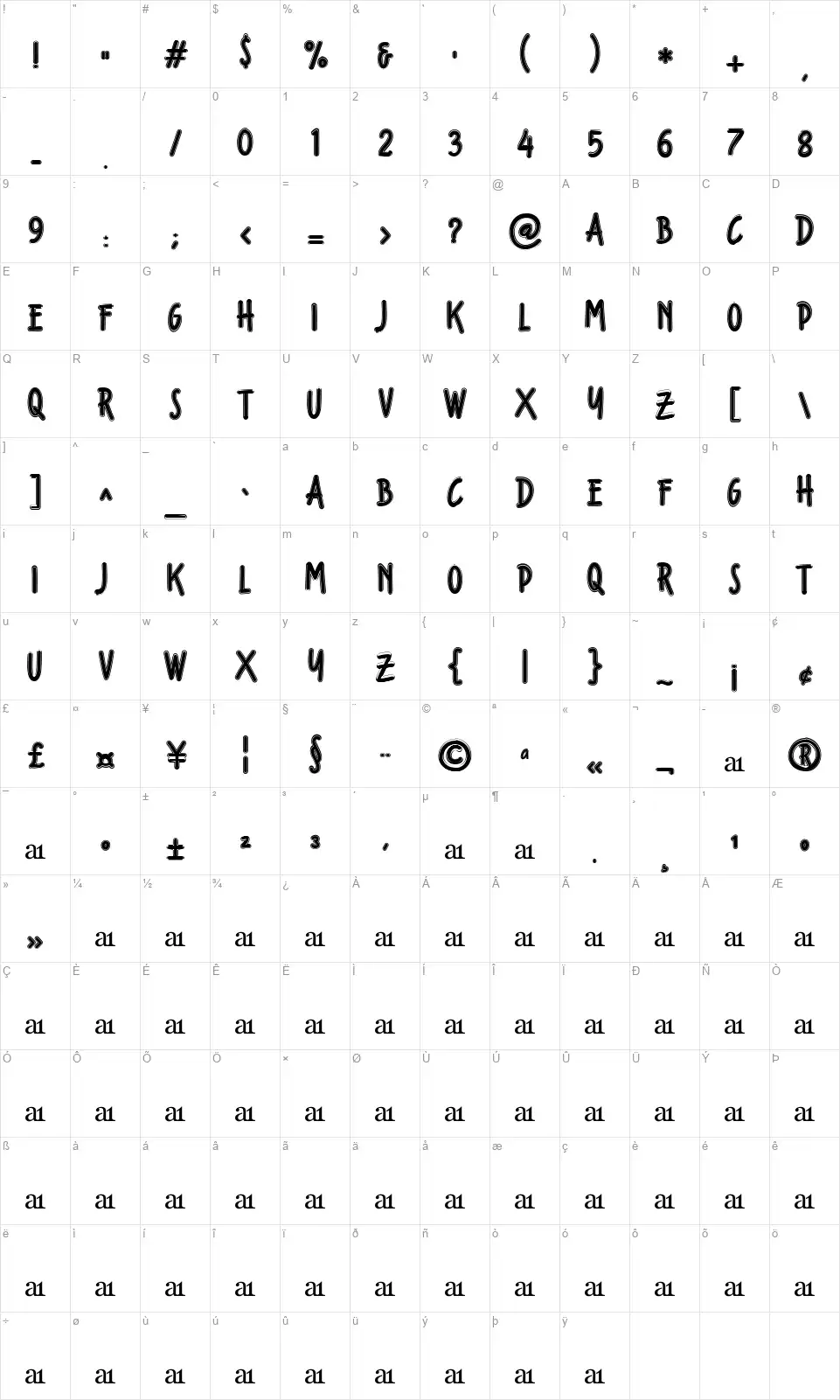 Fondian Outlinefont character map