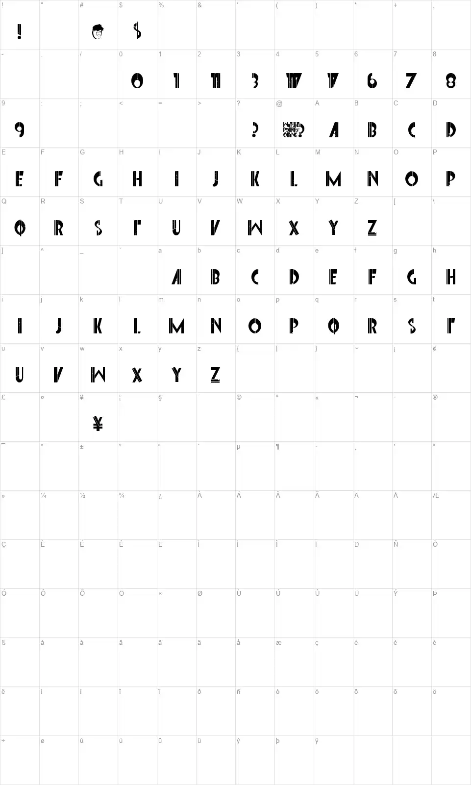 Font Interruptedfont character map