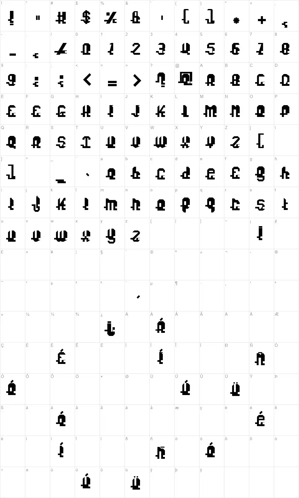 Fonuzzlefont character map