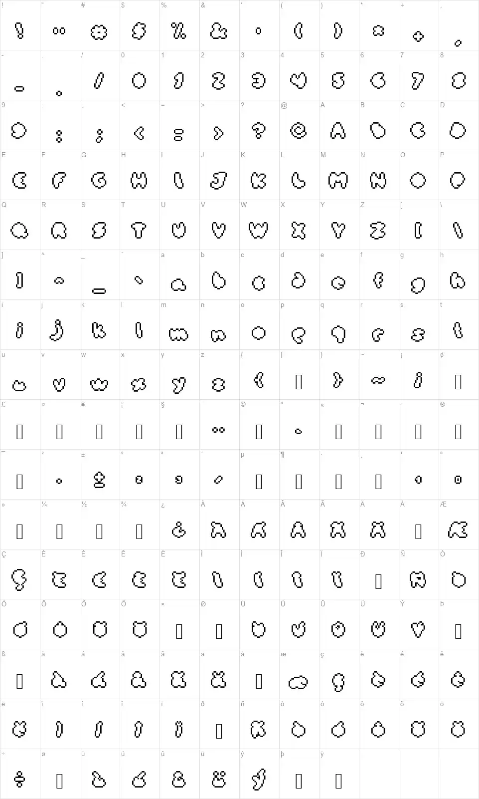 Frampoasefont character map