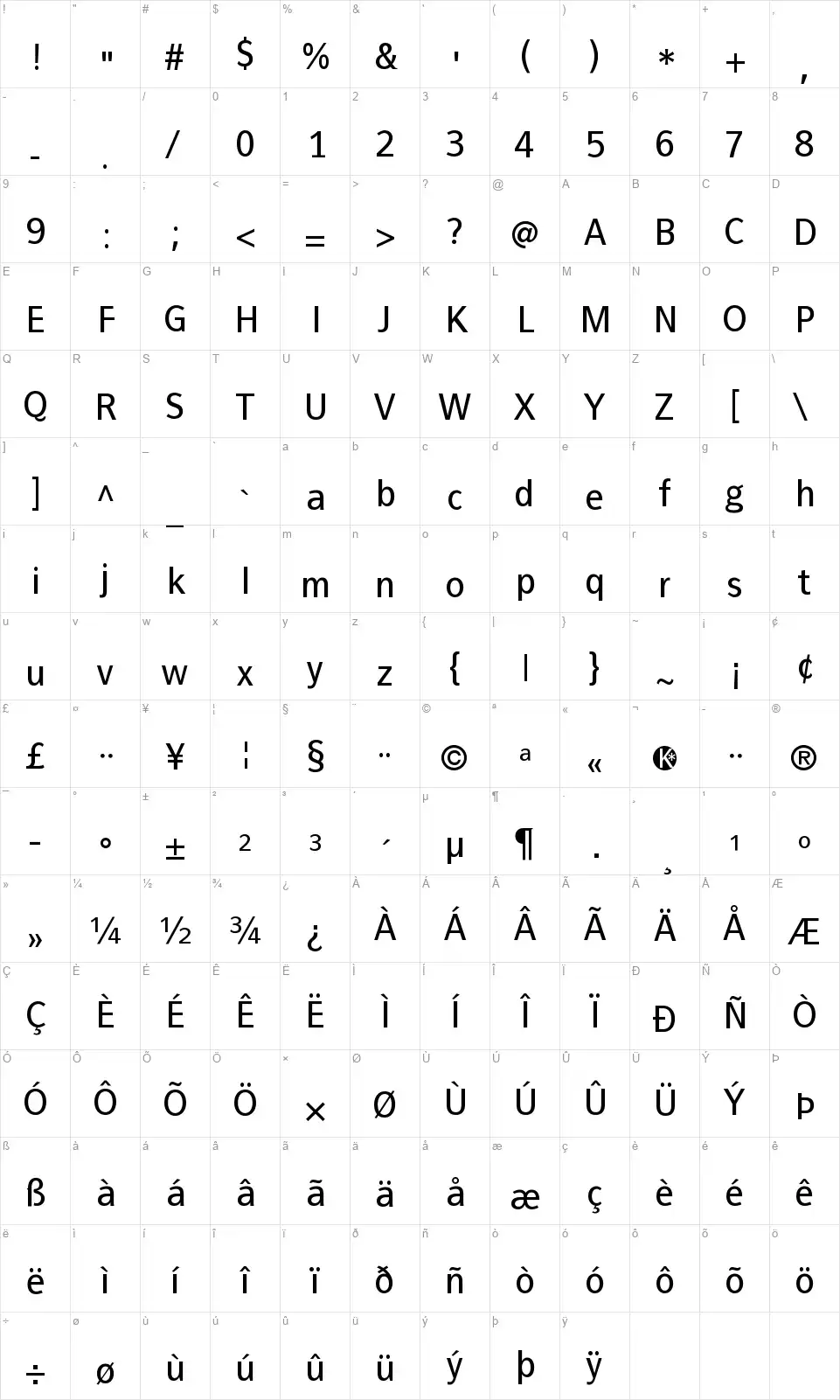 Francophil Sansfont character map