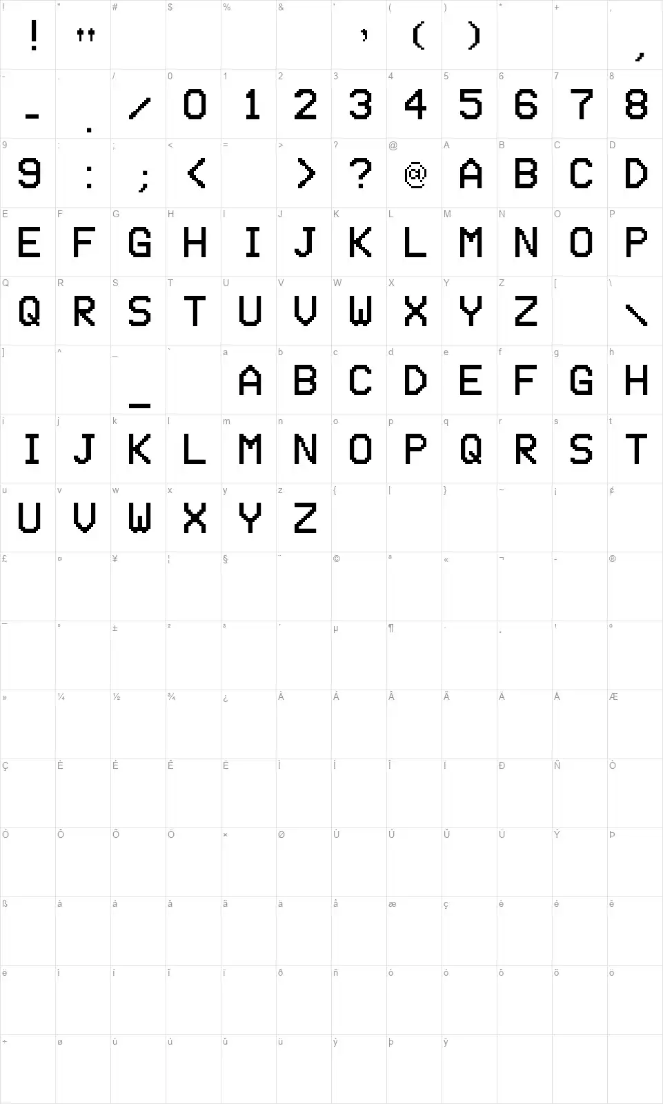 Freecamfont character map
