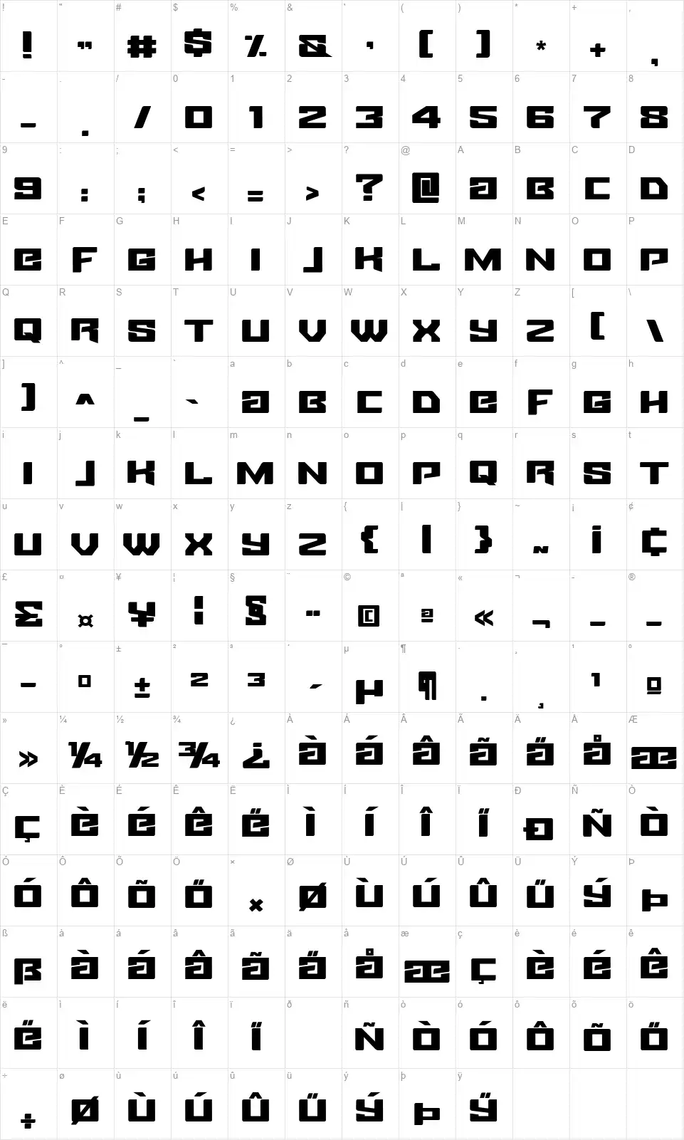 Fuel Injectionfont character map