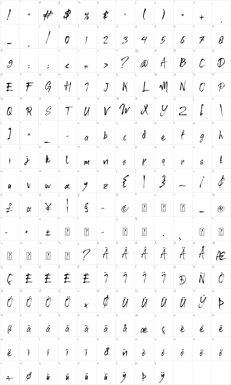 Fusha Brushfont character map