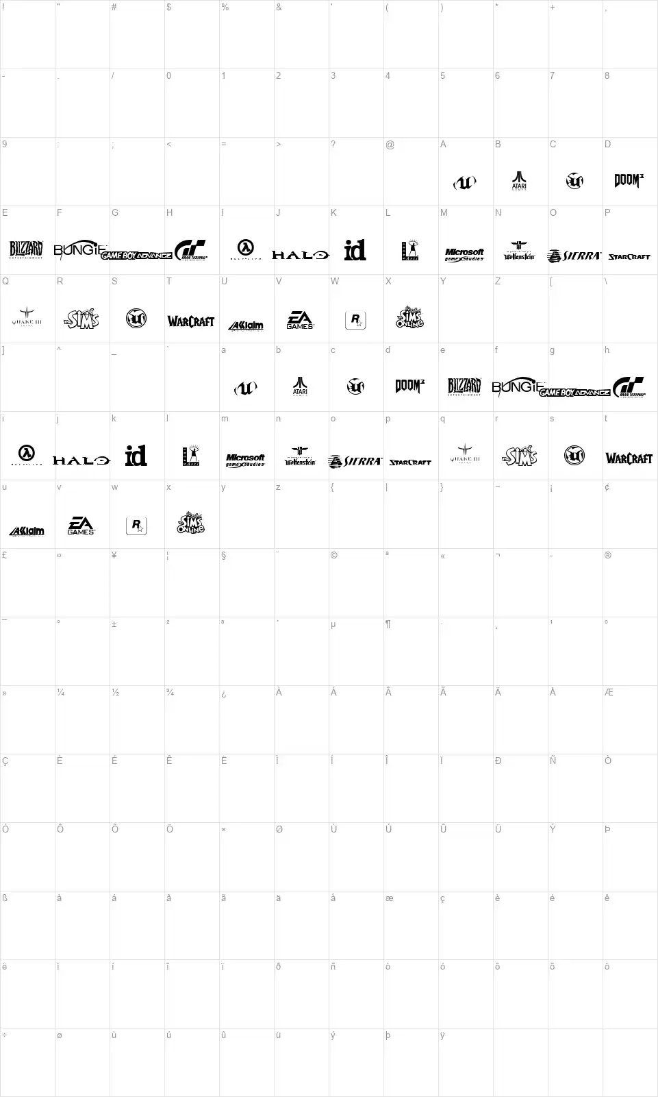 Game Logosfont character map