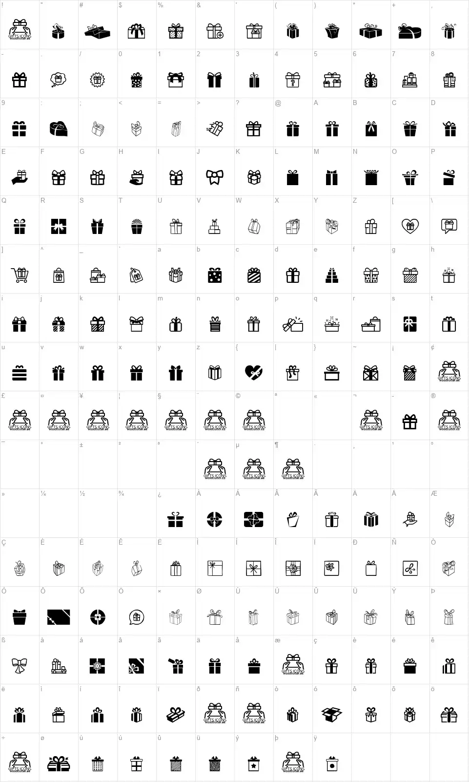 Gifts Iconsfont character map