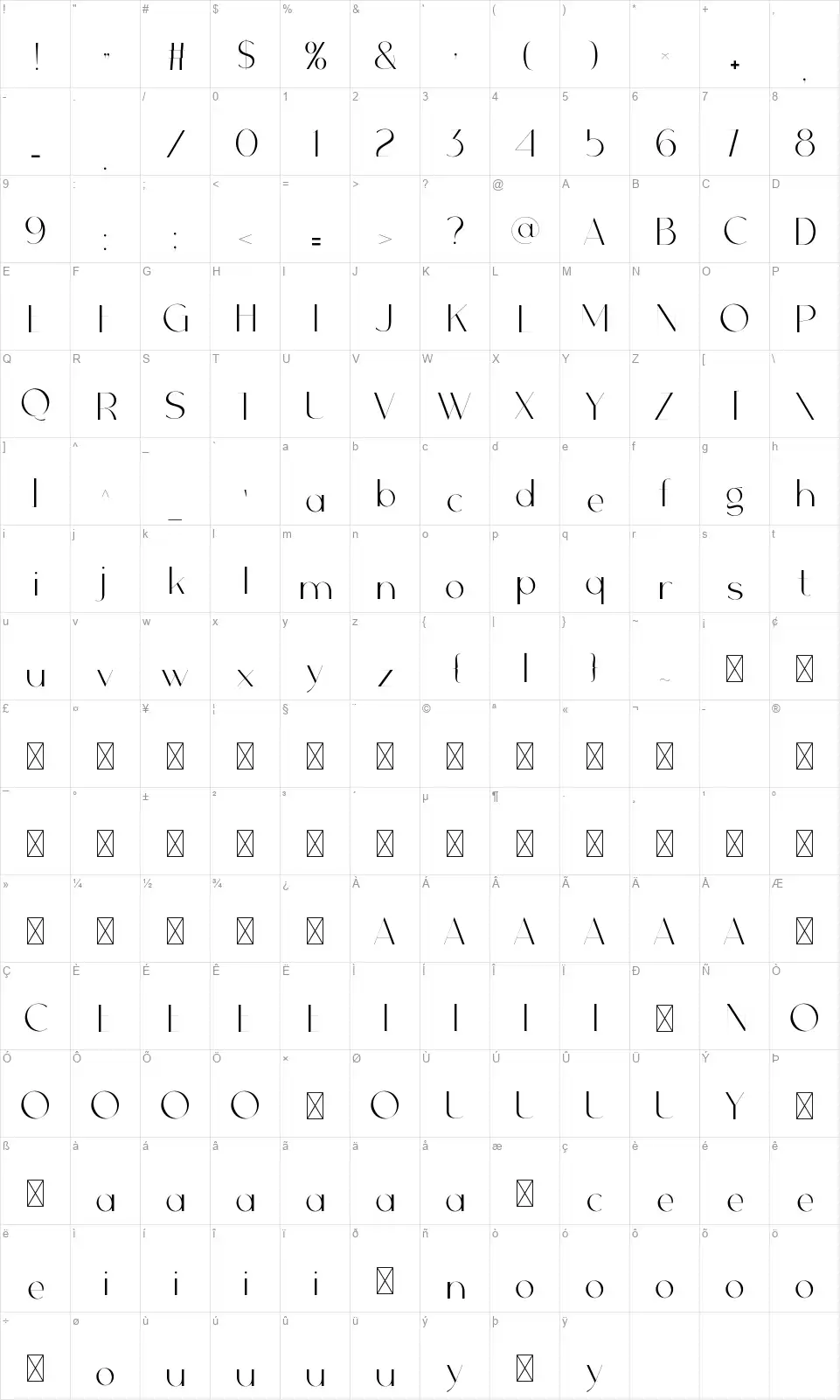 Glasskinfont character map