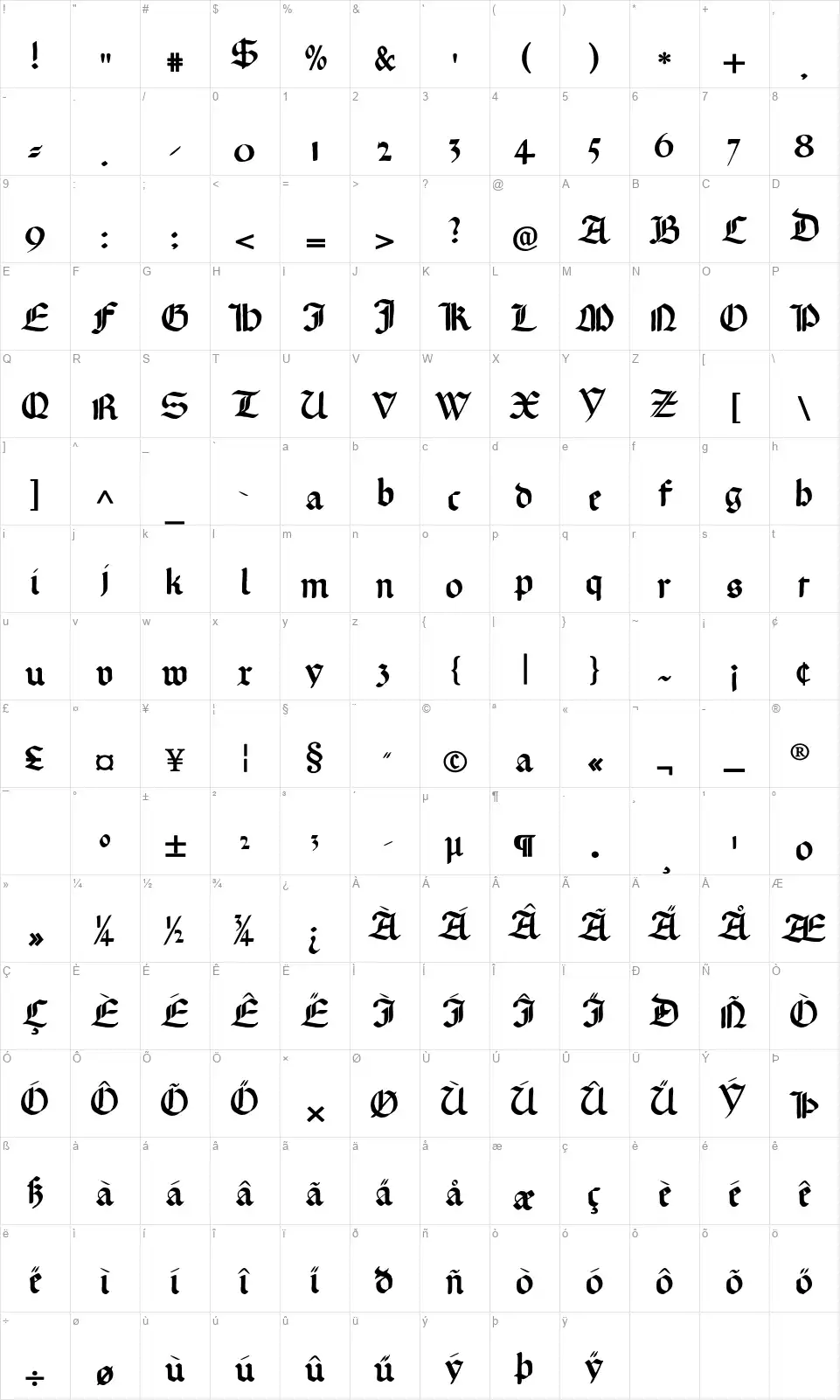 Gotische Missalschriftfont character map