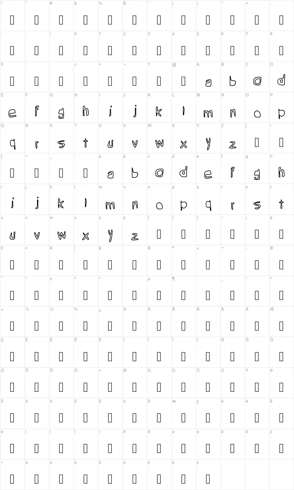 Greanfont character map