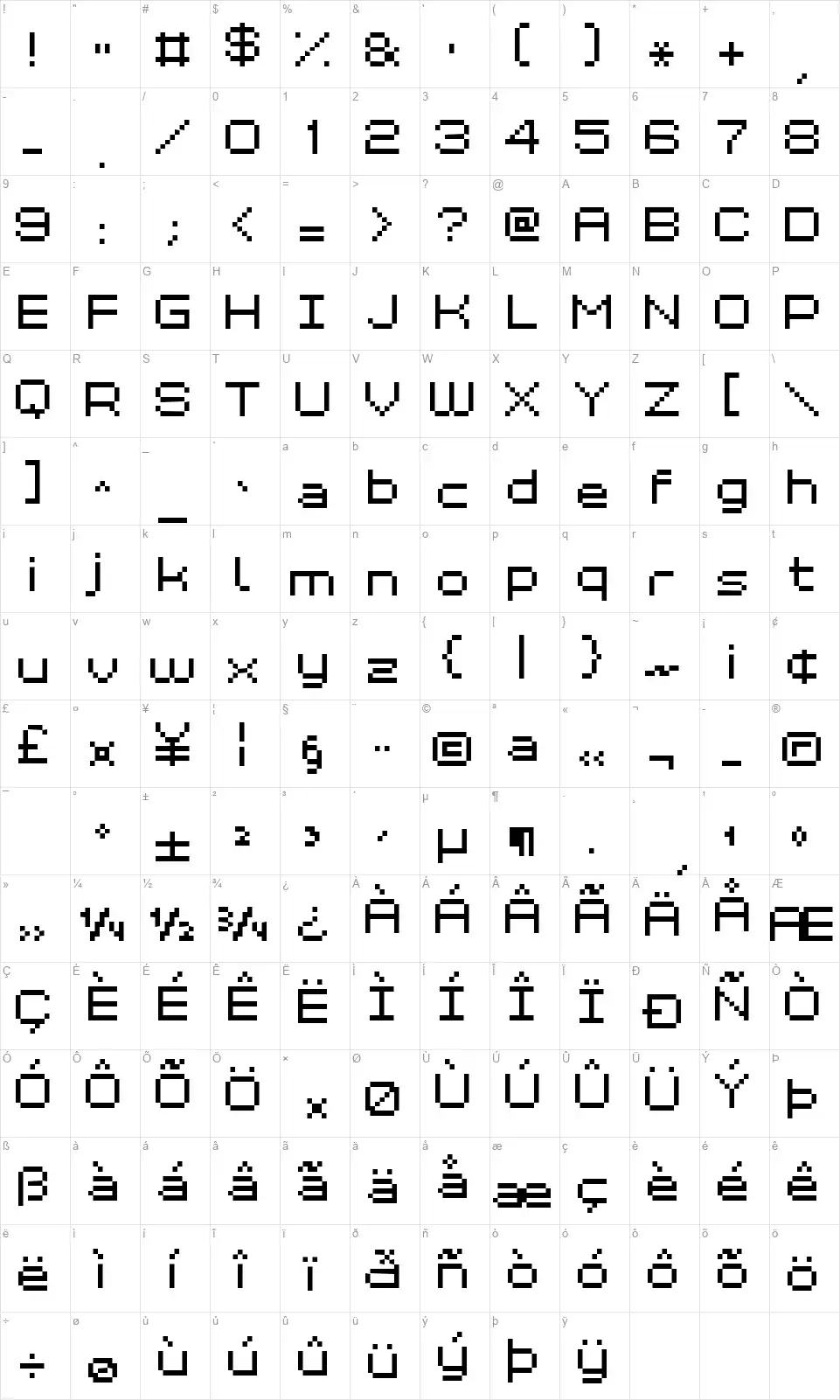 Grixel Kyrou 7 Widefont character map