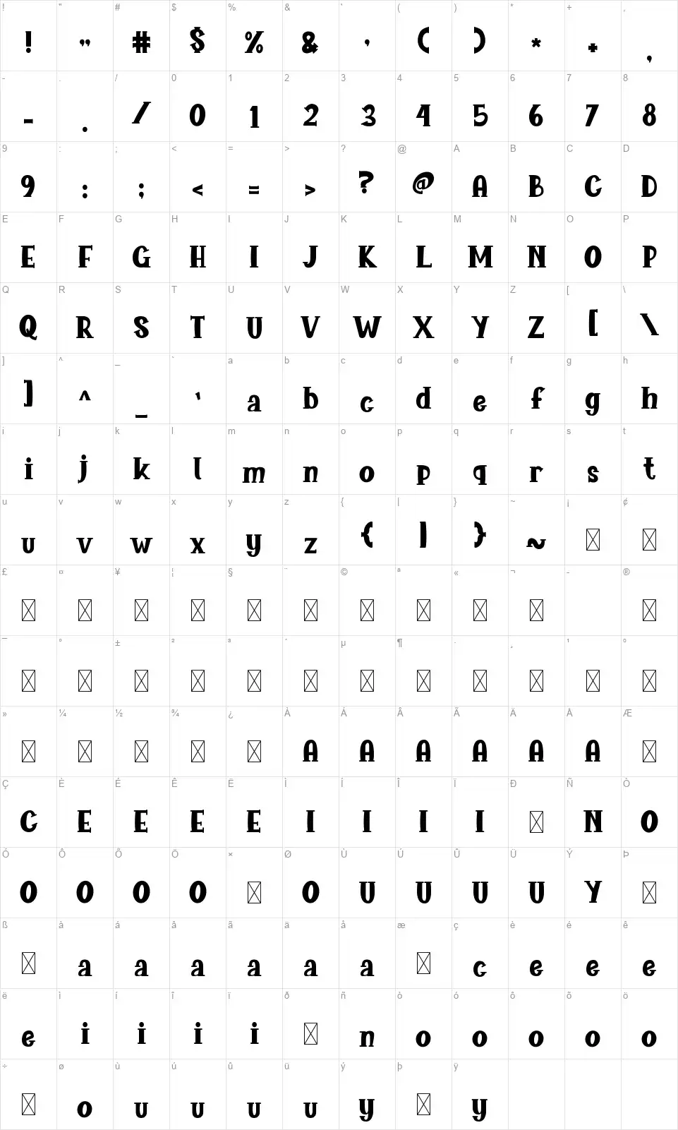 Gudtaimsfont character map