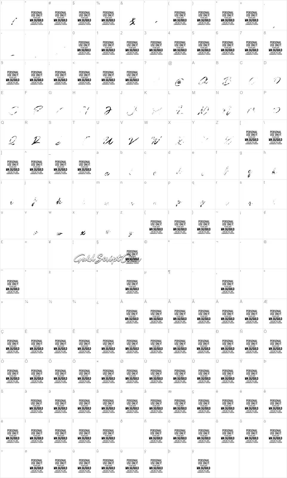 Guld Script Colorfont character map