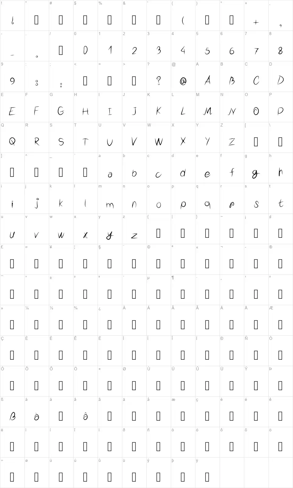 Hair Thinnedfont character map
