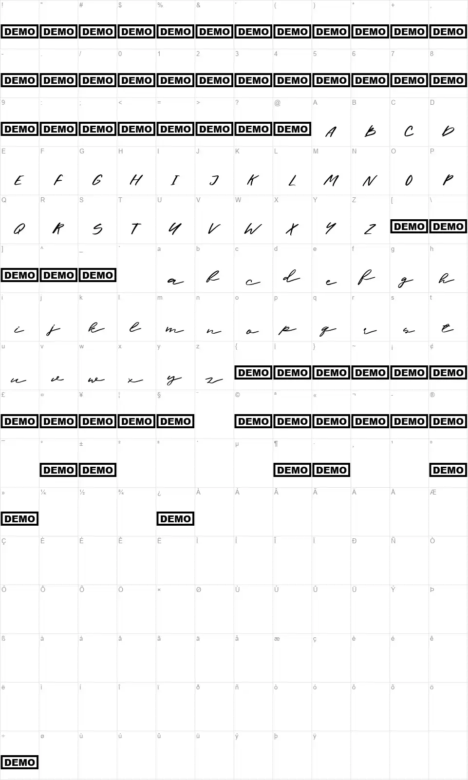 Halbreinfont character map