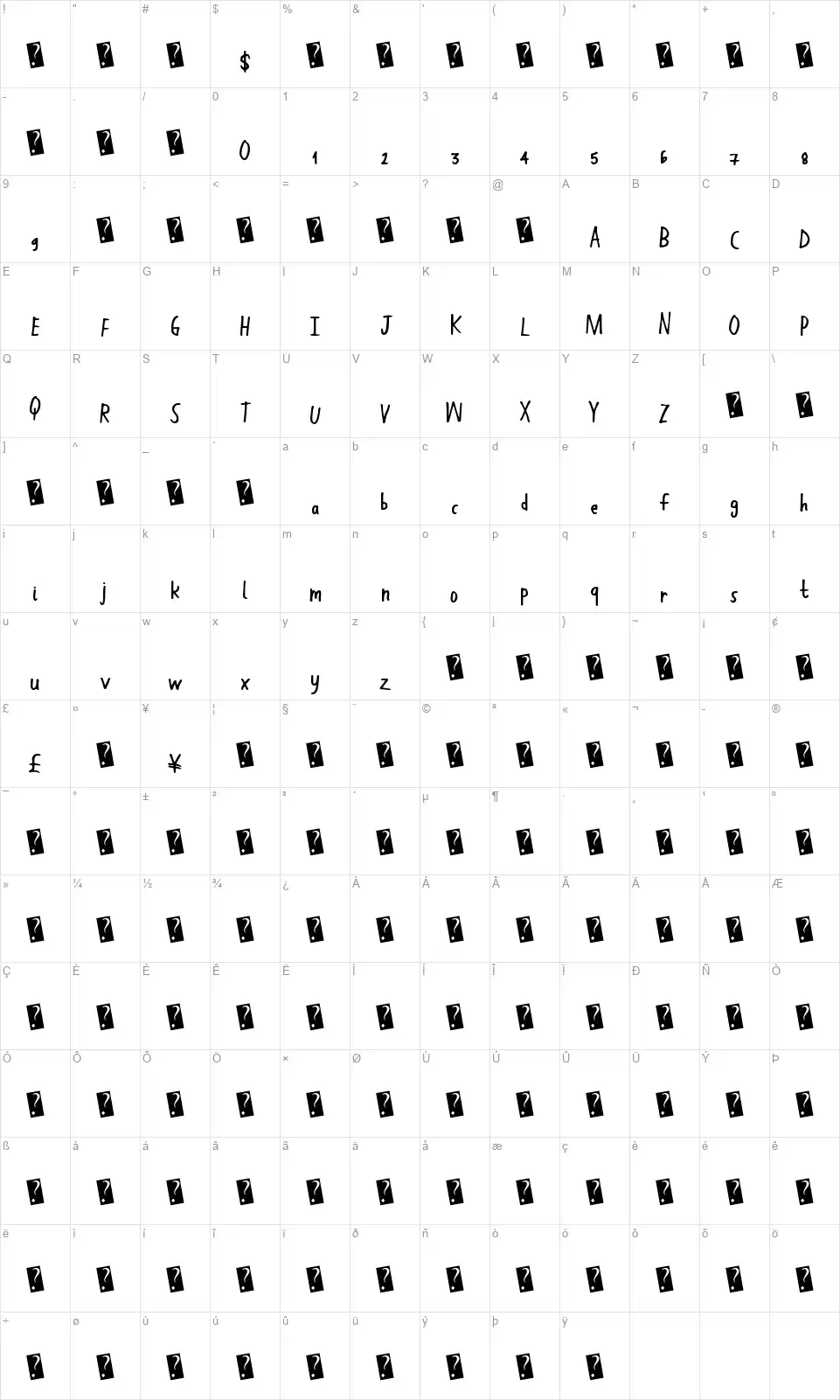 Hand Workfont character map