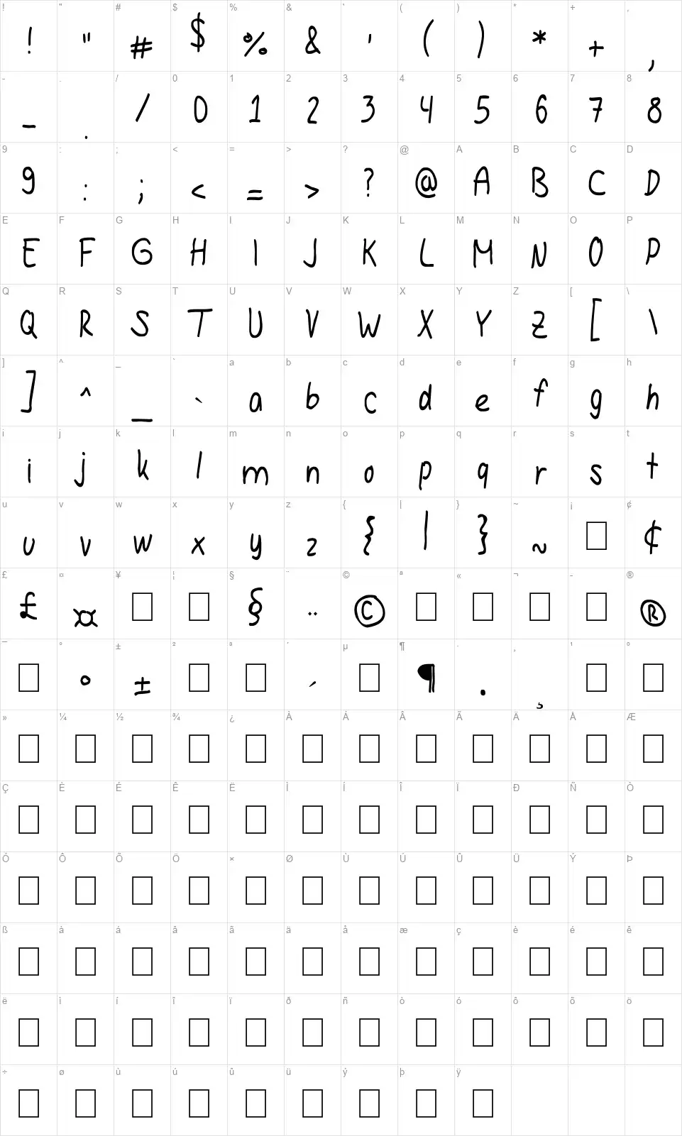 Hanna Handwritingfont character map