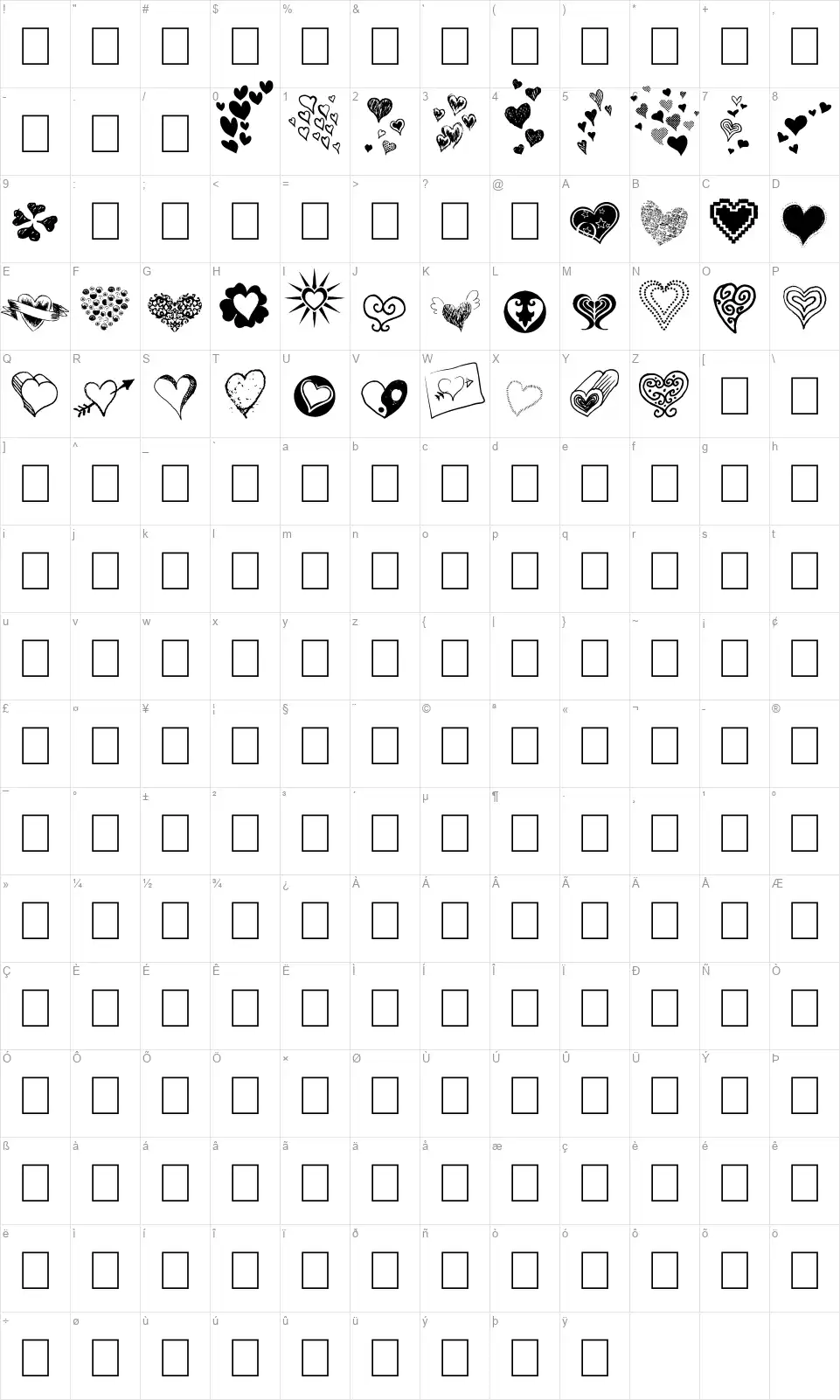 Heartzfont character map