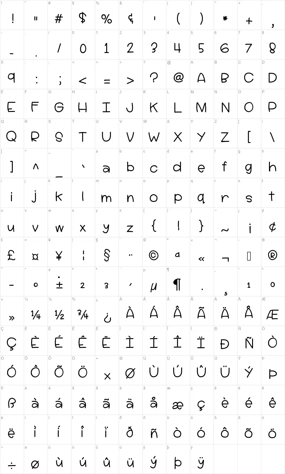 Hello Lucyfont character map