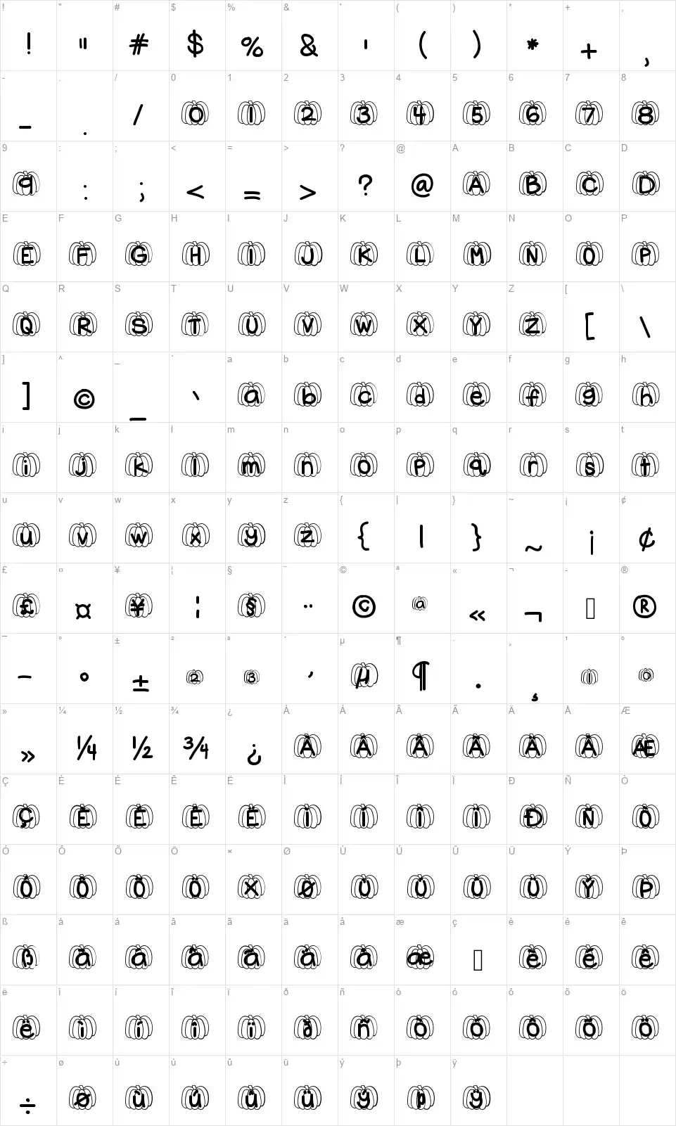 Hello Pumpkinfont character map