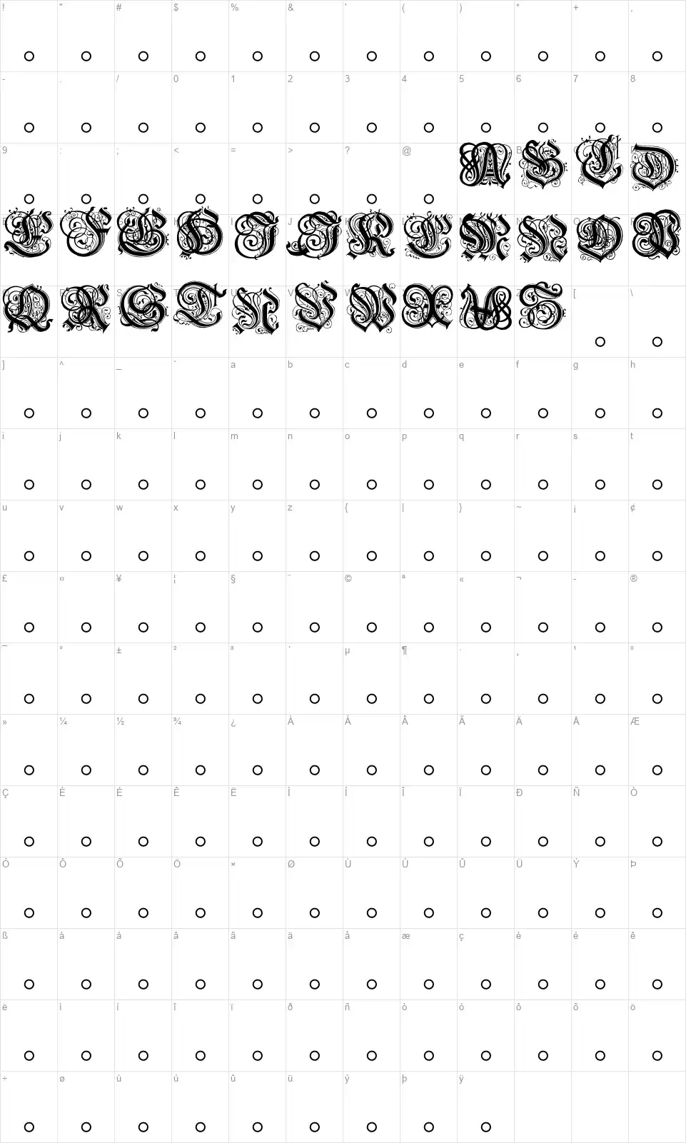 Hentzau Initialsfont character map