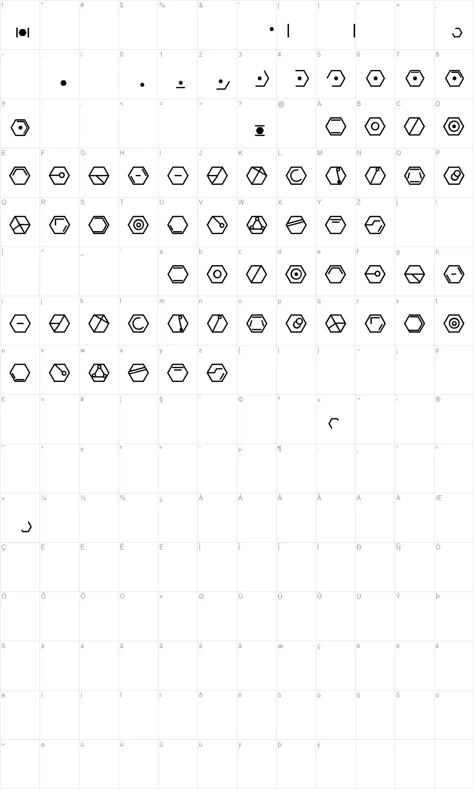Hexacodefont character map