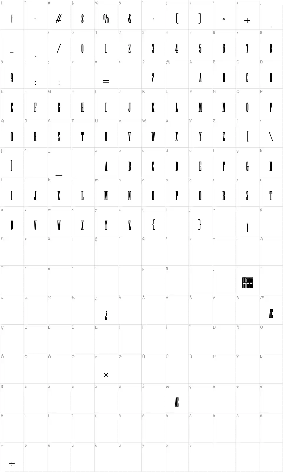 HFF High Tensionfont character map