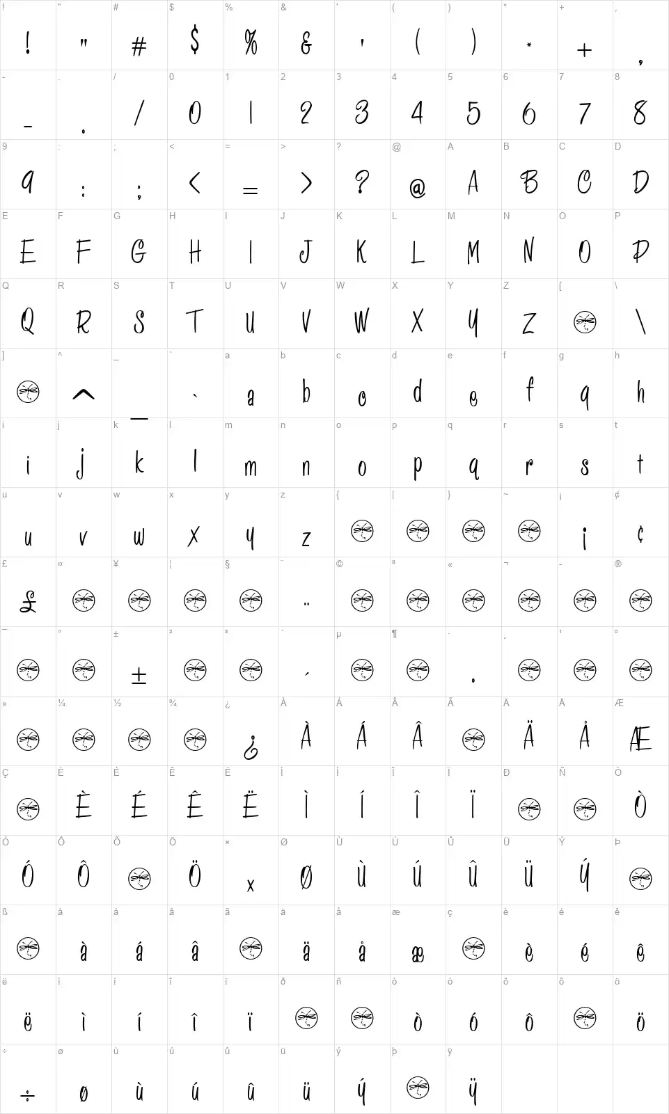 HFF Pessoas Lindasfont character map