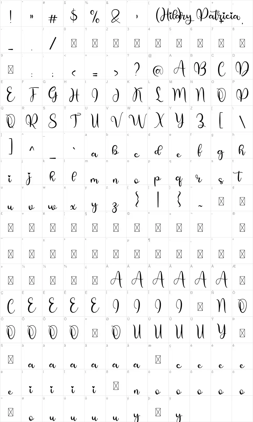 Hilary Patriciafont character map