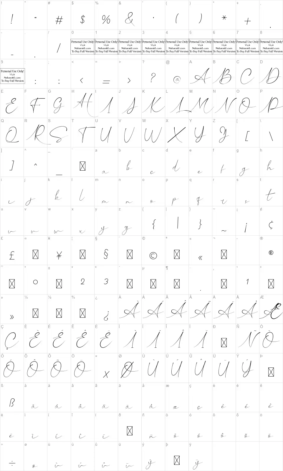 Hillonest Signaturefont character map