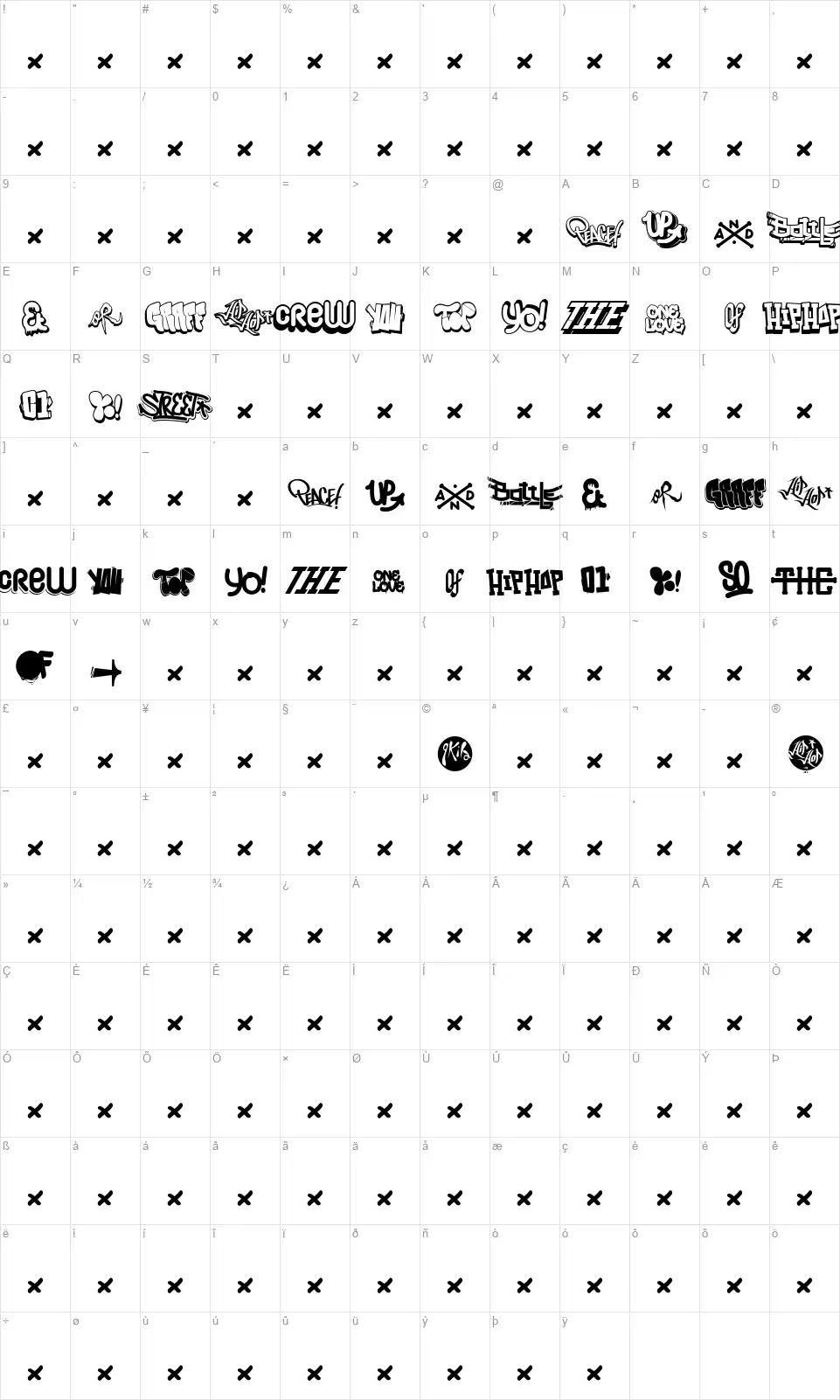 Hip Hop Lab 1font character map