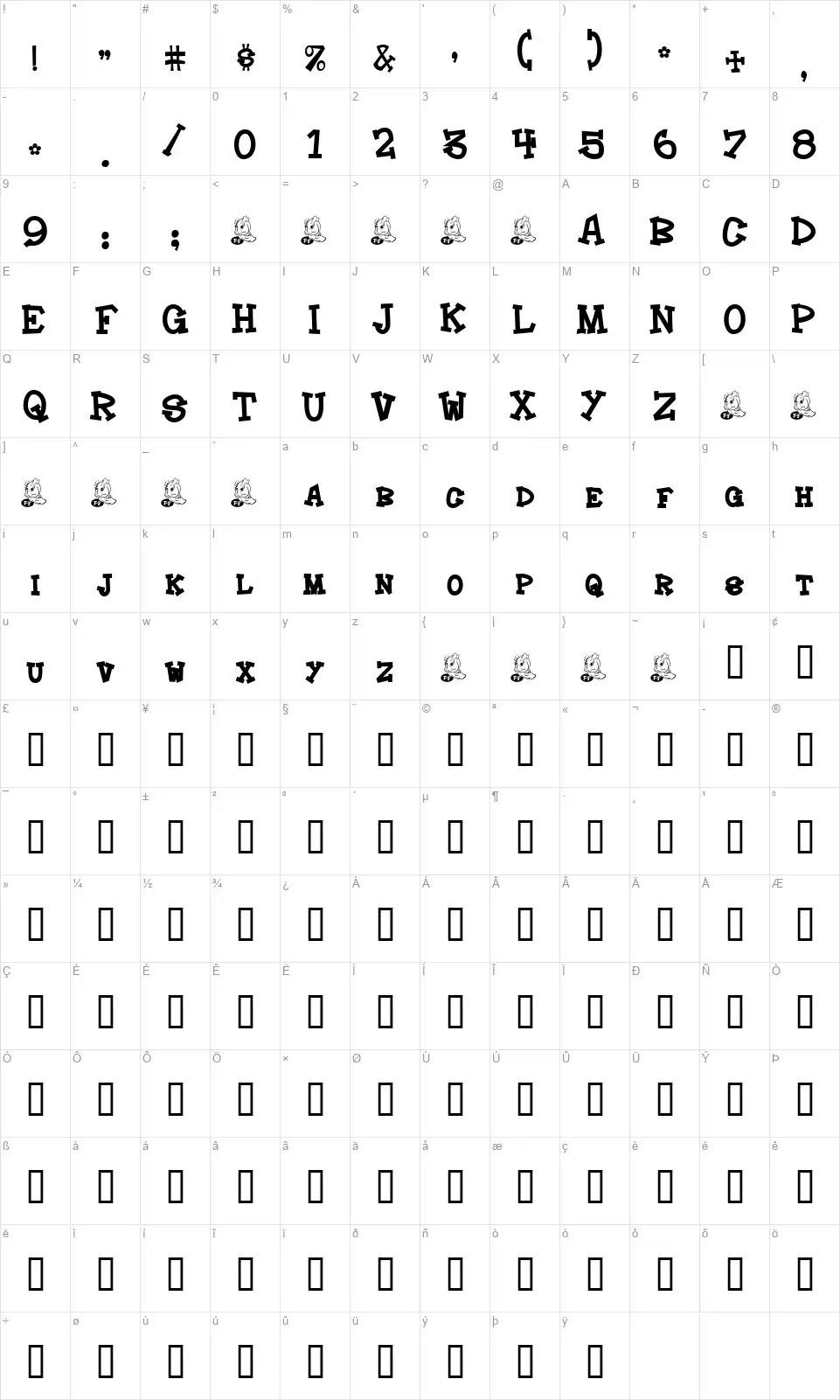 Hoedownfont character map